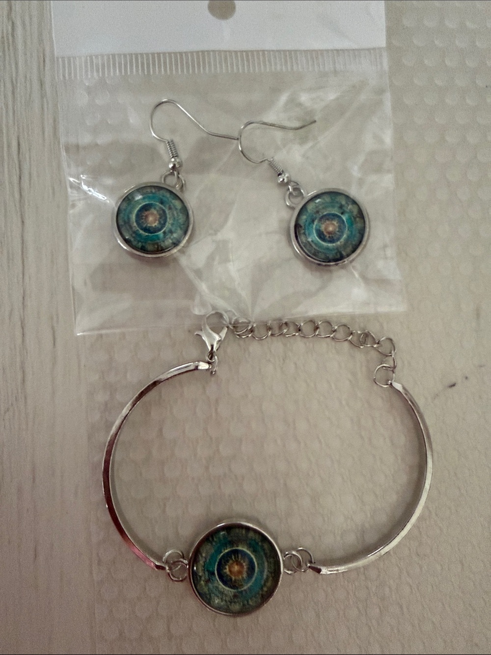 Silver-Tone Blue-Green Mandala Bracelet & Earring Set
